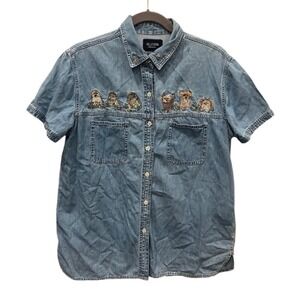 Solutions Original Denim Shirt Womens Medium Blue Embroidered Dogs Short Sleeve